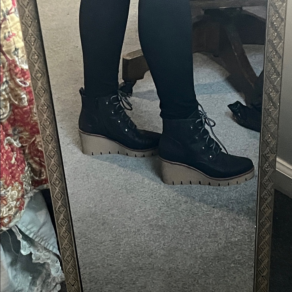 MIA Black Lace-Up Platform Wedge Ankle Boots with Tan Platform